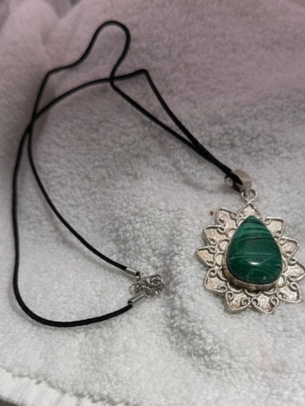 Elegant Silver(?) and Green Malachite 12” Teardrop Necklace